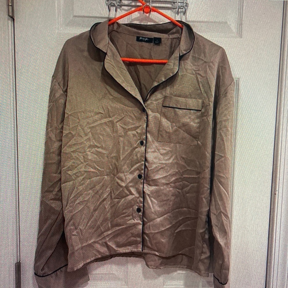 Nasty Gal Taupe Satin Blazer with Black Piping